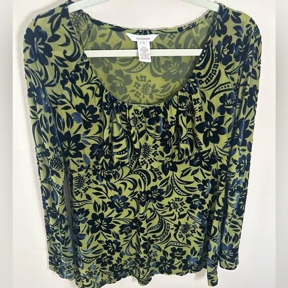 Sundance Top Velvet Burnout Shirred Bust Top Blouse Green Goth Fairy size M