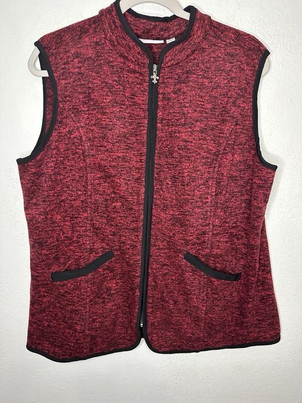 Susan Graver Red Melange Fleece Zip Front Vest w/ Solid Trim Size Large