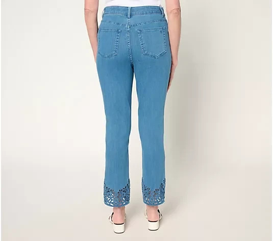 Susan Graver Slim Leg Ankle Jean Embroidred Hem-Deep Indigo-Petite 8-NEW-A681038