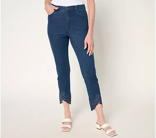 Susan Graver Slim Leg Ankle Jean Embroidred Hem-Deep Indigo-Petite 8-NEW-A681038