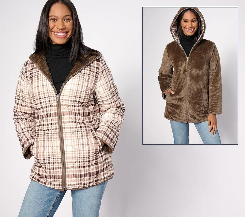 Susan Graver Sz M Reversible Quilted Woven & Plush Fleece Jacket A620230 TAUPE