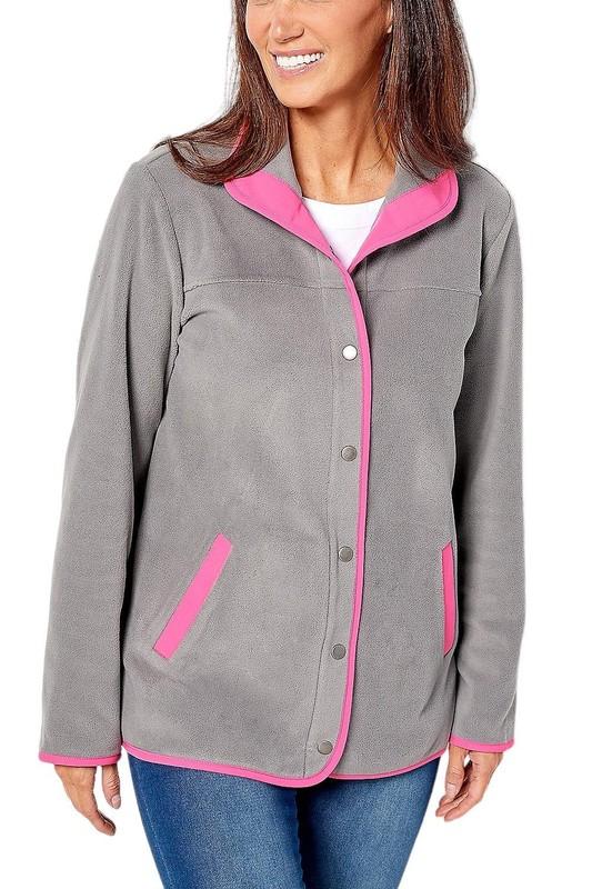 Susan Graver Weekend Polar Fleece Jacket w/ Contrast Trim Grey/Pink