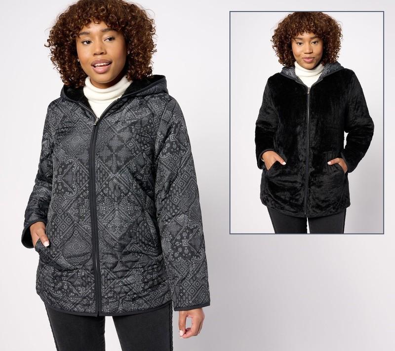 Susan Graver Women's Jacket Sz L Reversible Quilted Woven & H Black A620230