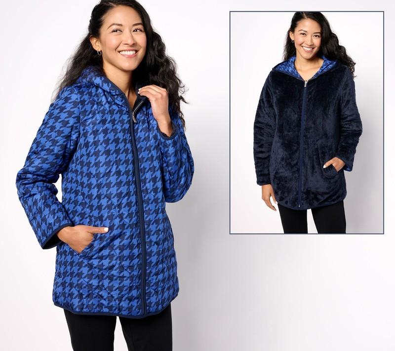 Susan Graver Women's Jacket Sz L Reversible Quilted Woven & h Blue A620230