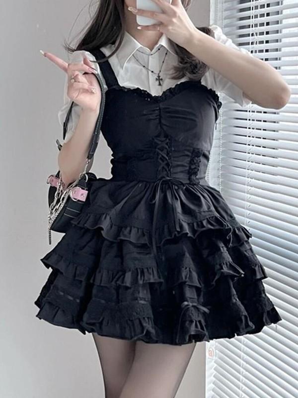 Sweet Kwaii Gothic Lolita Tops Cake Tiered Dress Patchwork Ball Gowns Black Susp
