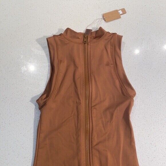 Sz 4X SKIMS SWIM Mock Neck Swim Cycle Body Short Suit Zip Almond SW-BSS-0023