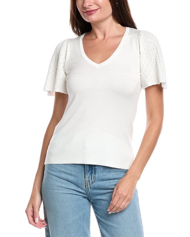 T Tahari Pointelle V-Neck Top Women's