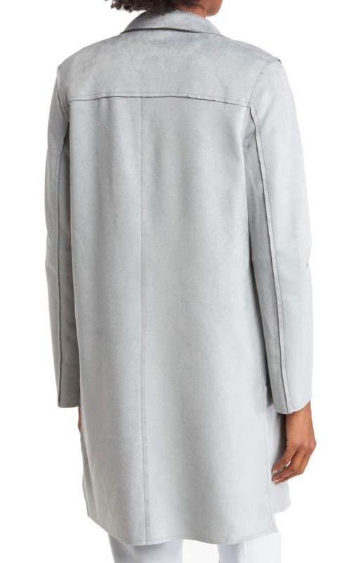 T TAHARI - SIZE: MEDIUM - Faux Blue Suede Roll Tab Open Topper Coat - NEW