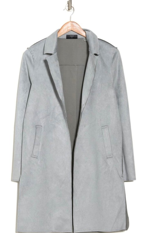 T TAHARI - SIZE: MEDIUM - Faux Blue Suede Roll Tab Open Topper Coat - NEW