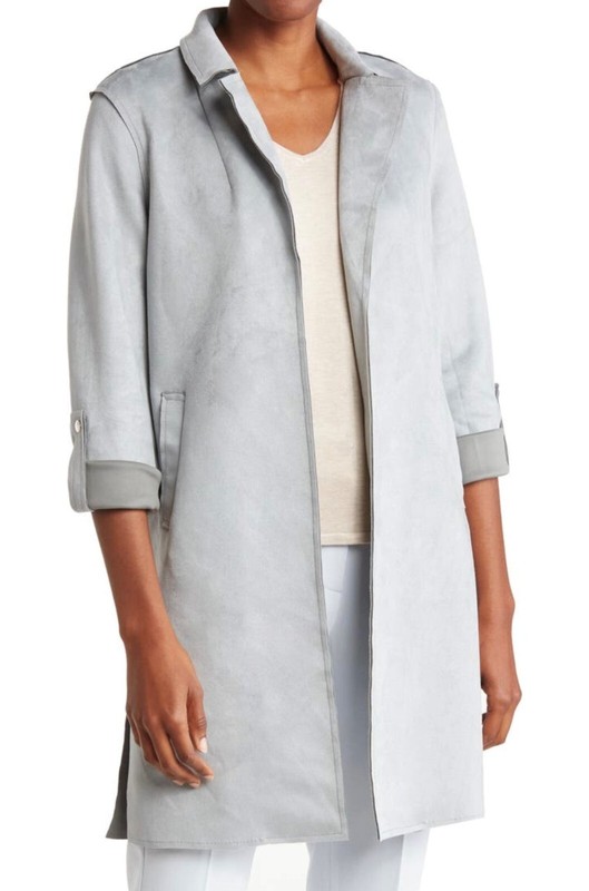 T TAHARI - SIZE: MEDIUM - Faux Blue Suede Roll Tab Open Topper Coat - NEW