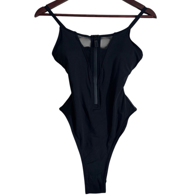 TA3 Black Lace Up Zippy Mesh One Piece Swimsuit Size Small