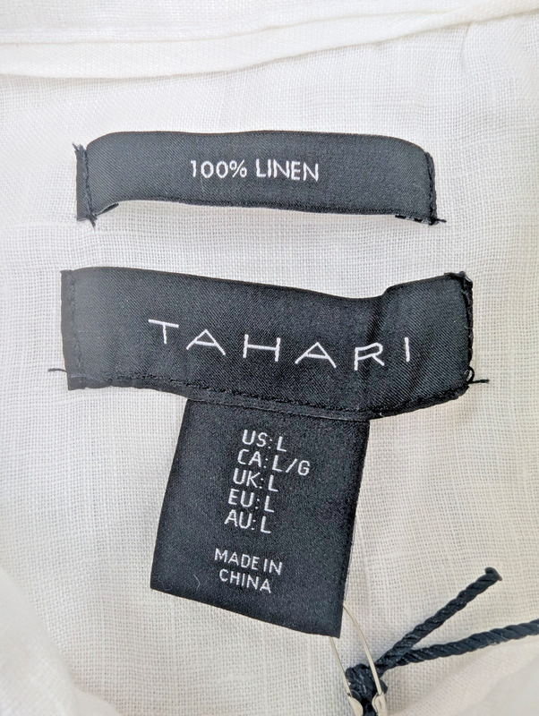 Tahari 100% Linen Shirt Dress Cover-up White Women's Large Roll Sleeves NWT