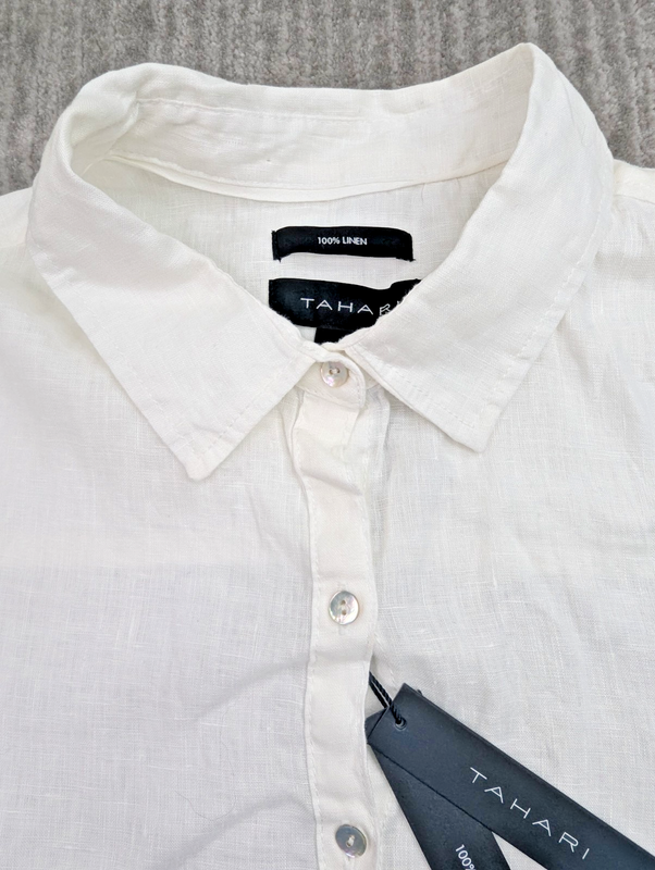 Tahari 100% Linen Shirt Dress Cover-up White Women's Large Roll Sleeves NWT