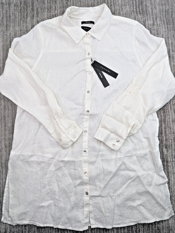 Tahari 100% Linen Shirt Dress Cover-up White Women's Large Roll Sleeves NWT