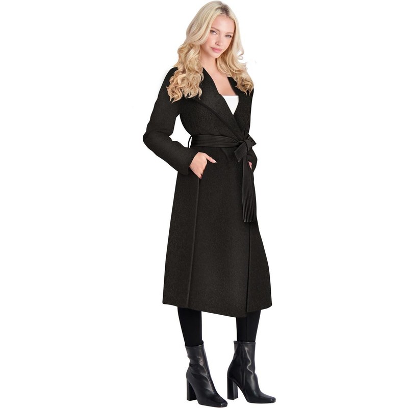 Tahari Juliette Women's Wool Blend Double Face Faux Leather Trim Belted Coat