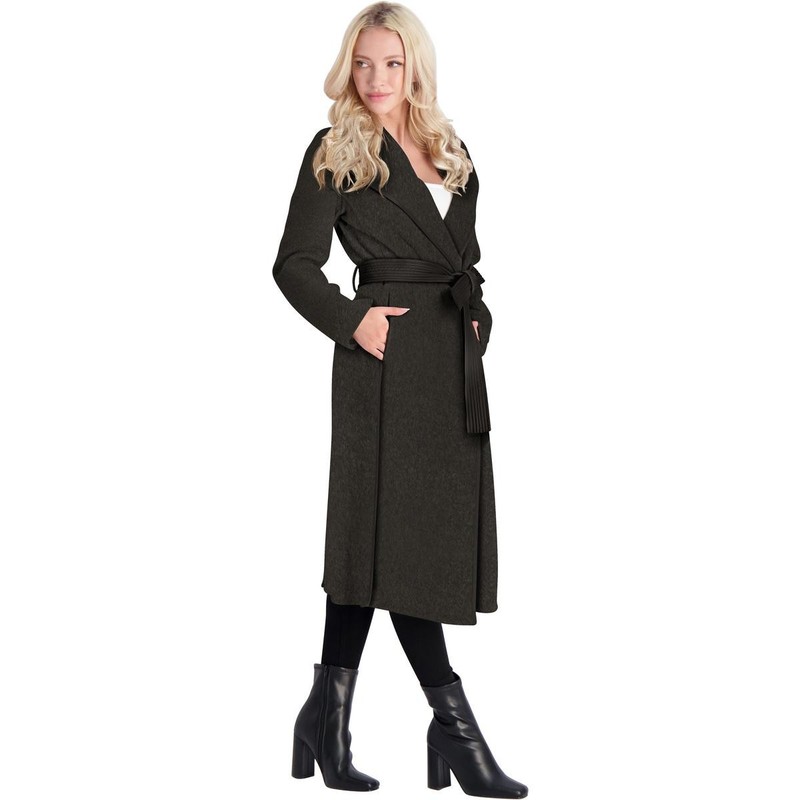 Tahari Juliette Women's Wool Blend Double Face Faux Leather Trim Belted Coat