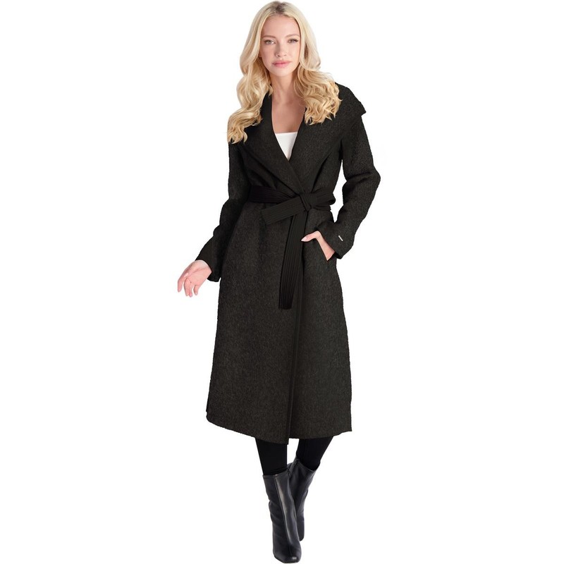 Tahari Juliette Women's Wool Blend Double Face Faux Leather Trim Belted Coat