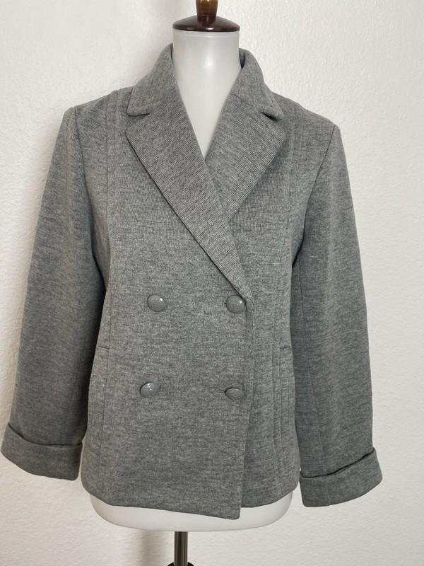Talbots Blazer Women Sz 10P Jacket Double Breast Wool Blend Stretch Knit Gray