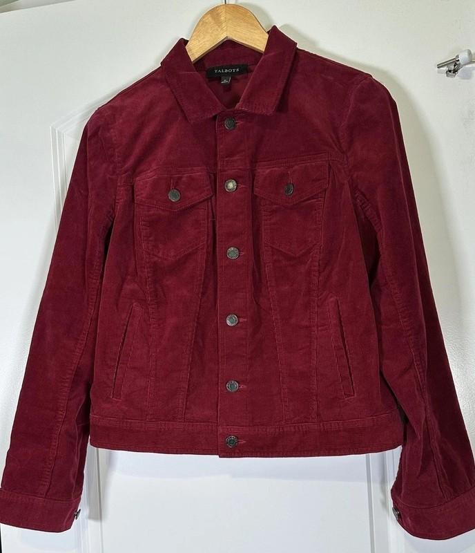 Talbots Chore Jacket Womens Sz M Red Corduroy Button up Classic Pockets Stretch