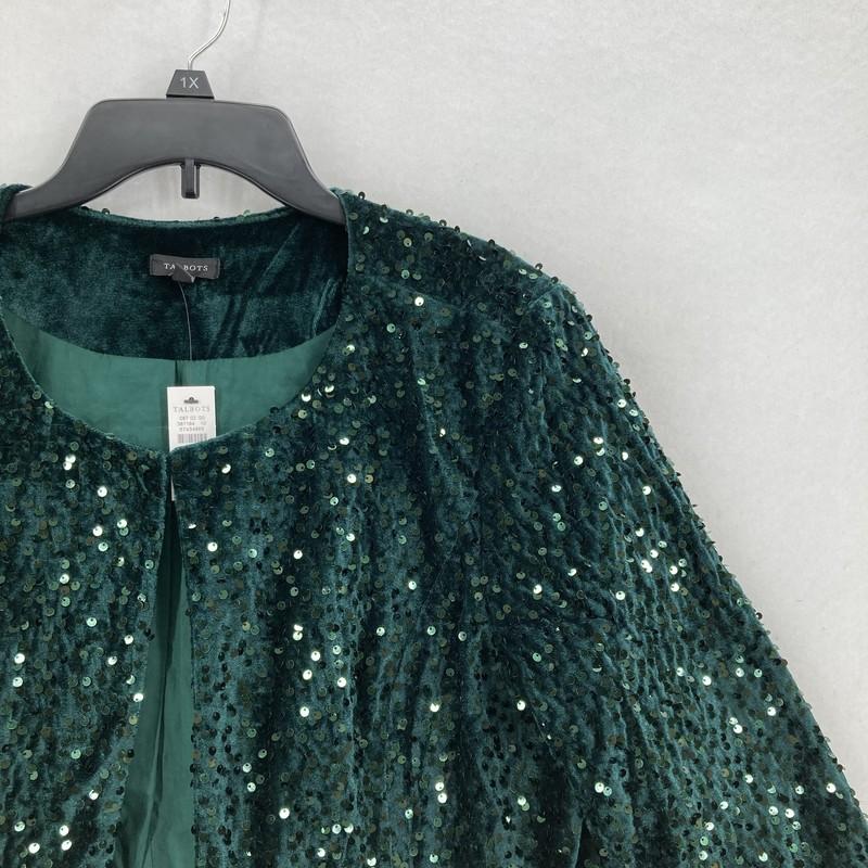Talbots Jacket Womens Large Green Sequin Velvet Cropped Open Front Holiday Party
