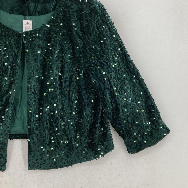 Talbots Jacket Womens Large Green Sequin Velvet Cropped Open Front Holiday Party