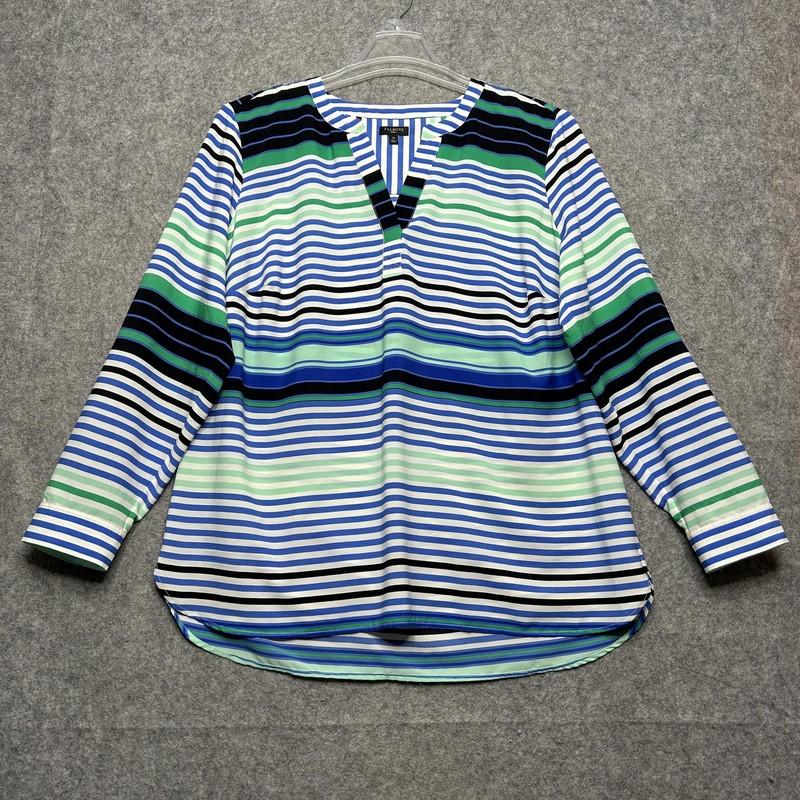 Talbots Shirt Womens 1X Blue Striped Tunic Button Cuff Light Flowy Top *FLAW