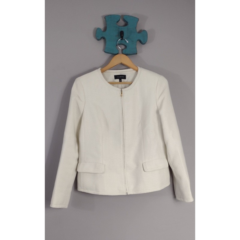 Talbots White Gold Accents Womens Zipper Front Jacket Blazer Size 10