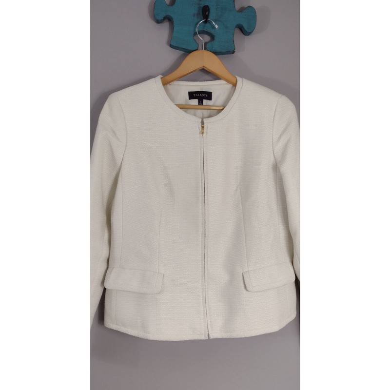 Talbots White Gold Accents Womens Zipper Front Jacket Blazer Size 10
