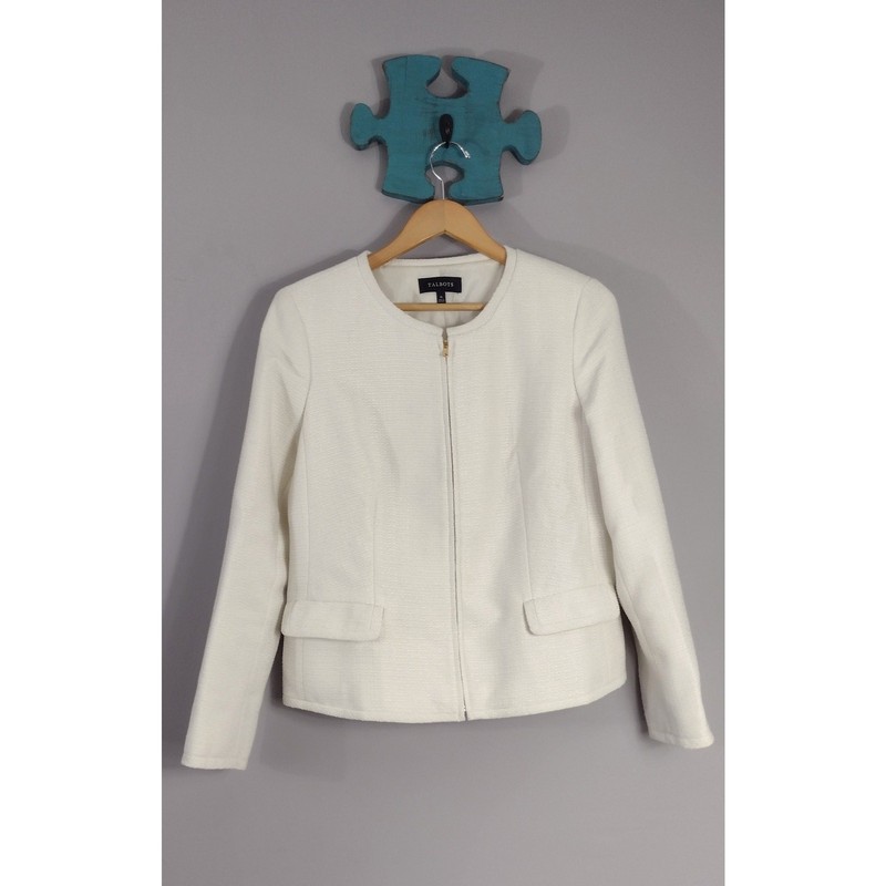 Talbots White Gold Accents Womens Zipper Front Jacket Blazer Size 10