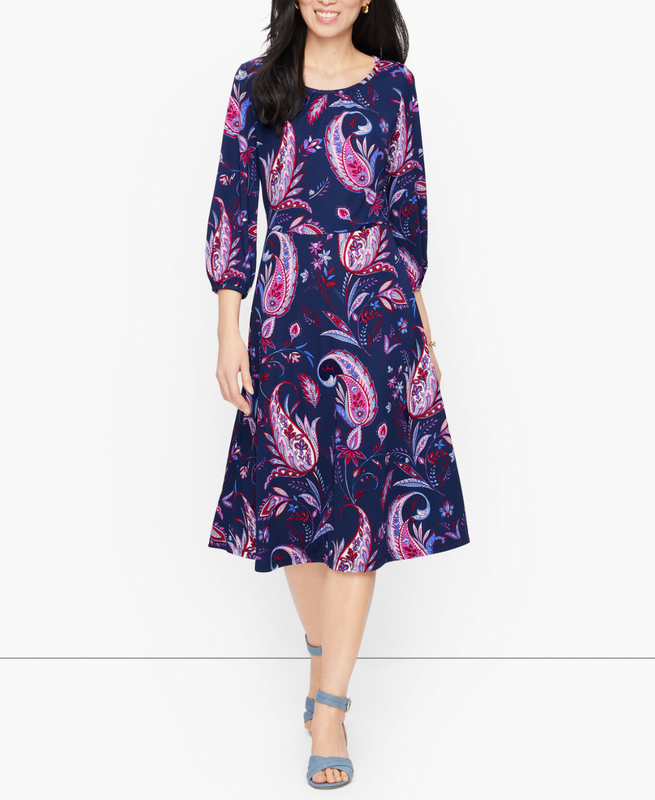 TALBOTS WOMEN'S MULTICOLOR 3/4 SLEEVE PAISLEY PRINT JERSEY MIDI DRESS Sz 18W