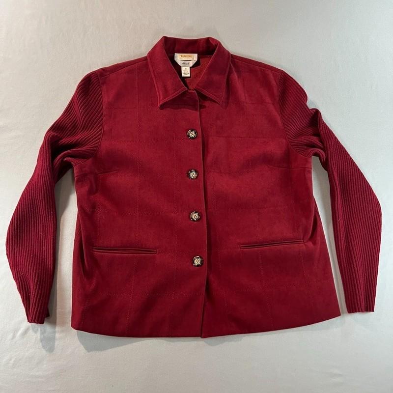 Talbots Women's Red Faux Suede Stretch Jacket Size 10 Button Front Ribbed Knit S