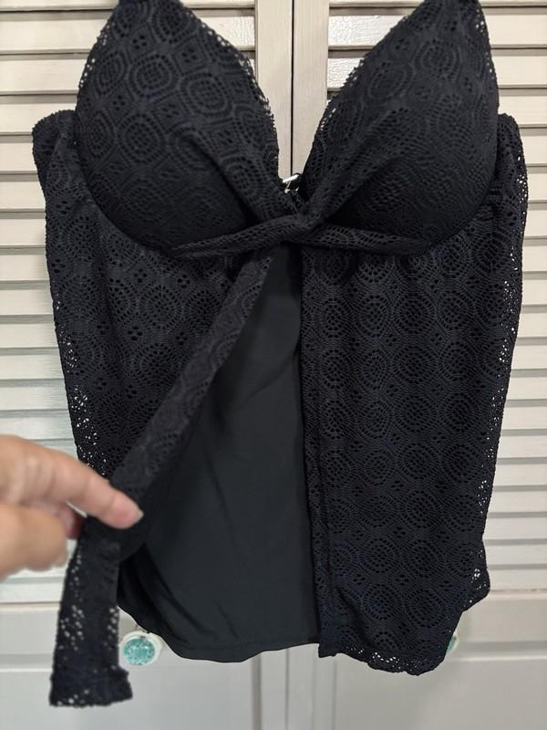Tankini Swim Top Crochet Black Solid Size XL Molded Cups Lined Wide Adj Straps