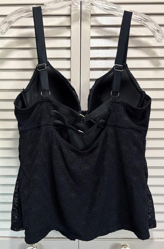 Tankini Swim Top Crochet Black Solid Size XL Molded Cups Lined Wide Adj Straps