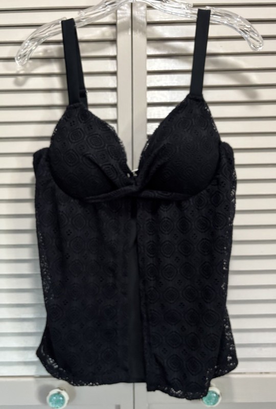 Tankini Swim Top Crochet Black Solid Size XL Molded Cups Lined Wide Adj Straps