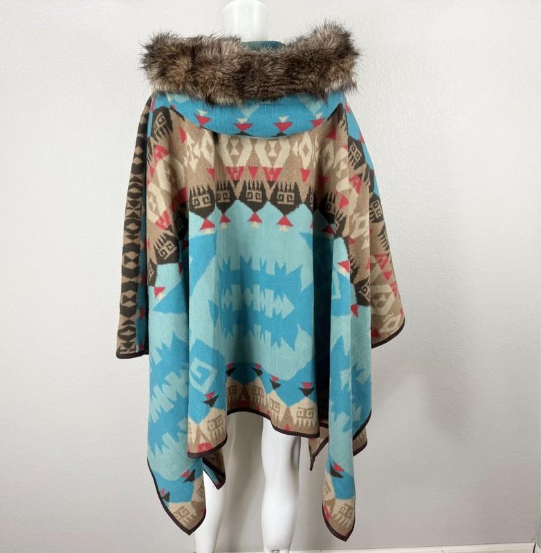TASHA POLIZZI Poncho Navajo Blanket Topper With Fur Hood O/S - NTSF