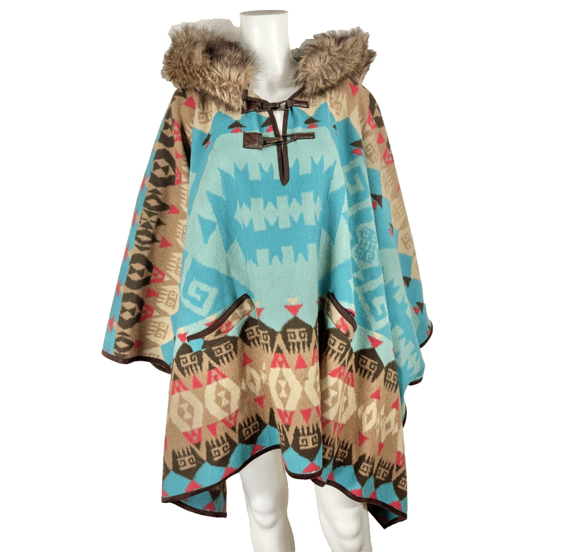 TASHA POLIZZI Poncho Navajo Blanket Topper with Fur Hood O/S - NTSF