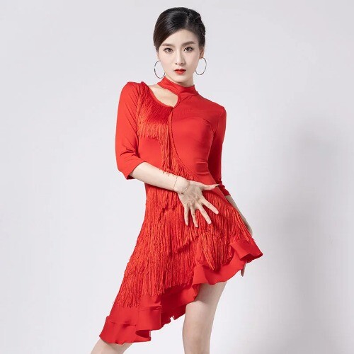 Tassel Latin Dance Dress Irrugular Hemline Latin Neck-mounted Half Sleeve Skirt