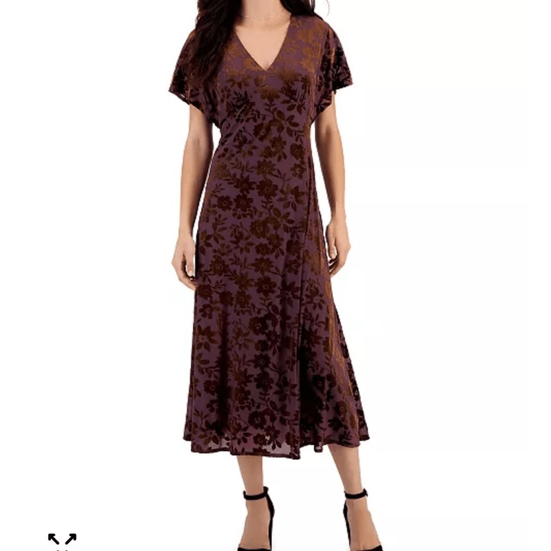 Taylor Plum Velvet Burn-out V Neck Floral Midi Dress 6