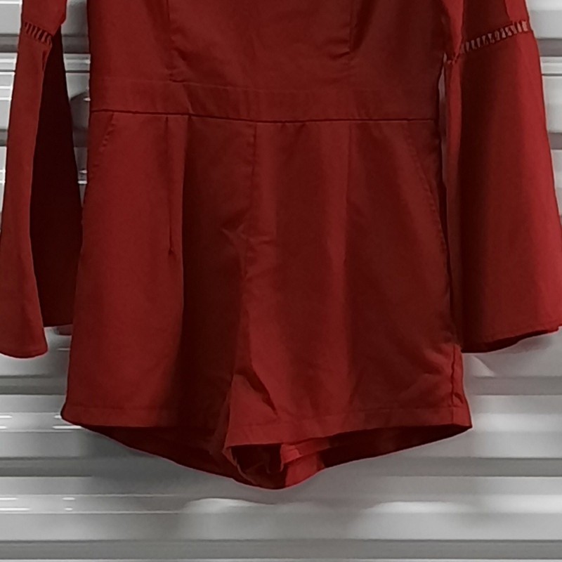 TCEC Romper Shorts Size Medium Red Bell Sleeve Crew Neck Zip Back Lined