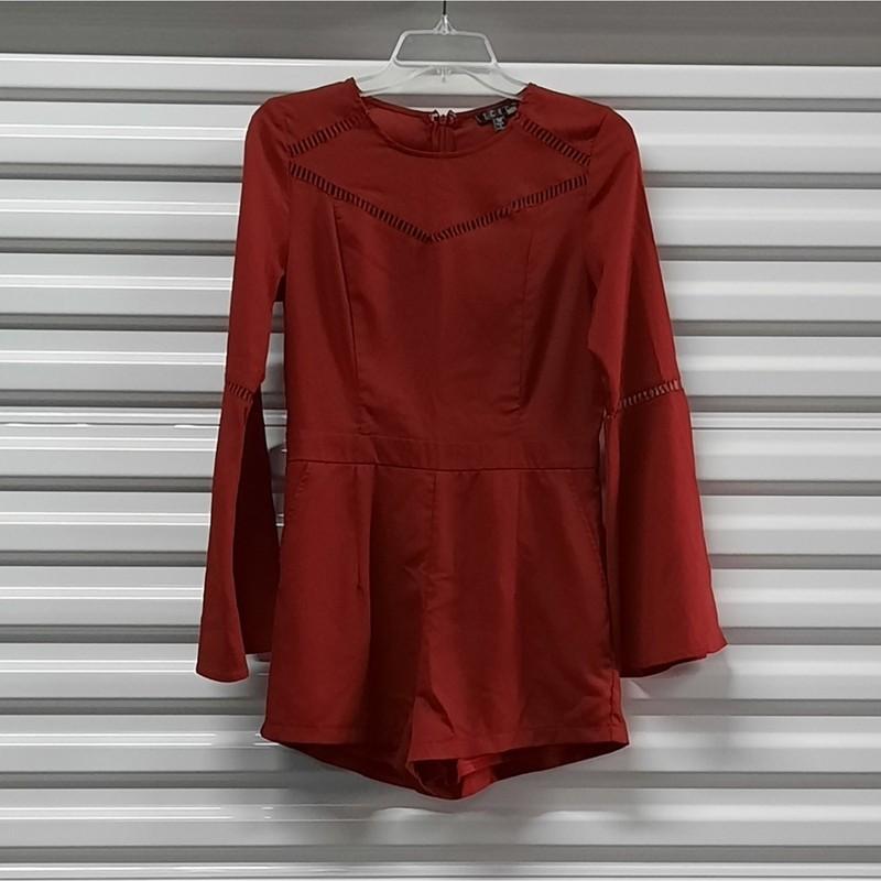 TCEC Romper Shorts Size Medium Red Bell Sleeve Crew Neck Zip Back Lined
