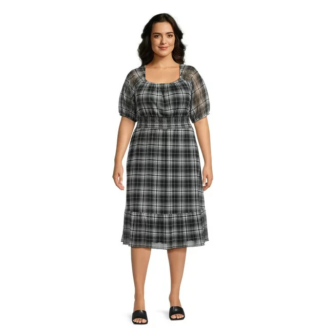 TERRA & SKY - PLUS SIZE: 3X (24W-26W) - Black Plaid Smocked Mesh Dress - NEW