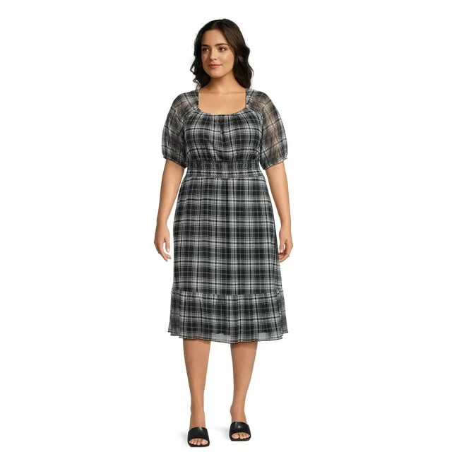 TERRA & SKY - PLUS SIZE: 3X (24W-26W) - Black Plaid Smocked Mesh Dress - NEW