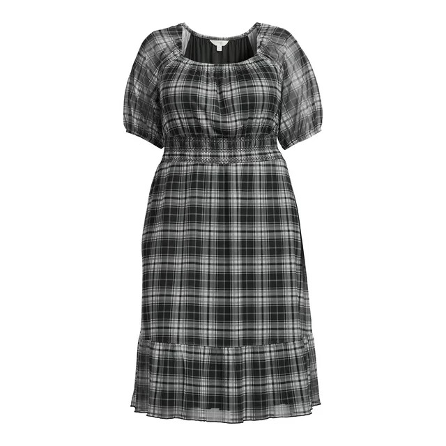 TERRA & SKY - PLUS SIZE: 3X (24W-26W) - Black Plaid Smocked Mesh Dress - NEW