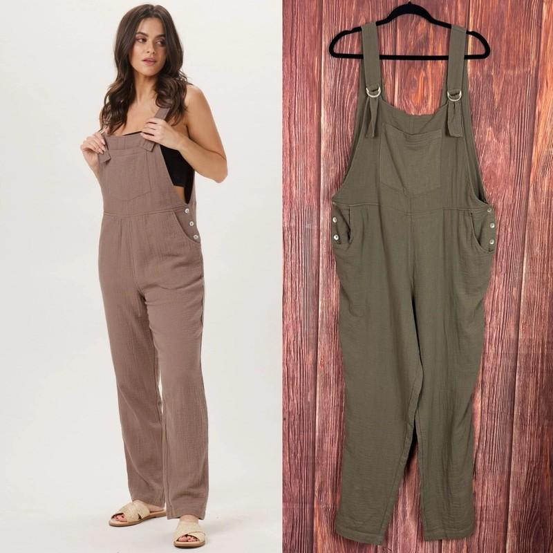 The Noraml Brand Womens Kalo Overall Taupe Gray Cotton Gauze Size XL