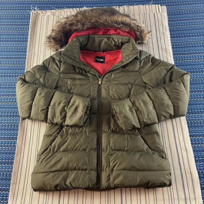 The North Face Jacket Womens Medium Green 550 Down Puffer Hood Faux Fur Quilted