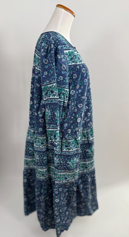 THE VERMONT COUNTRY STORE Blue Cotton Block Print Dress M W Pockets