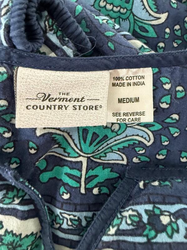 THE VERMONT COUNTRY STORE Blue Cotton Block Print Dress M W Pockets