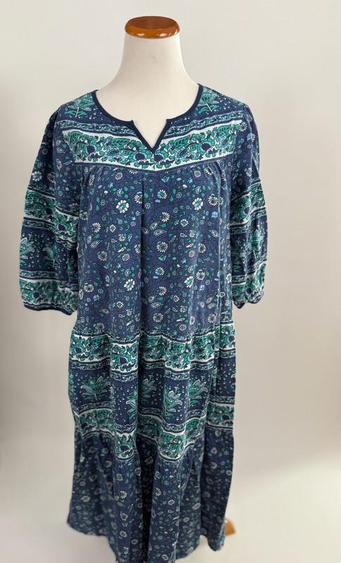 THE VERMONT COUNTRY STORE blue cotton block print Dress M w pockets