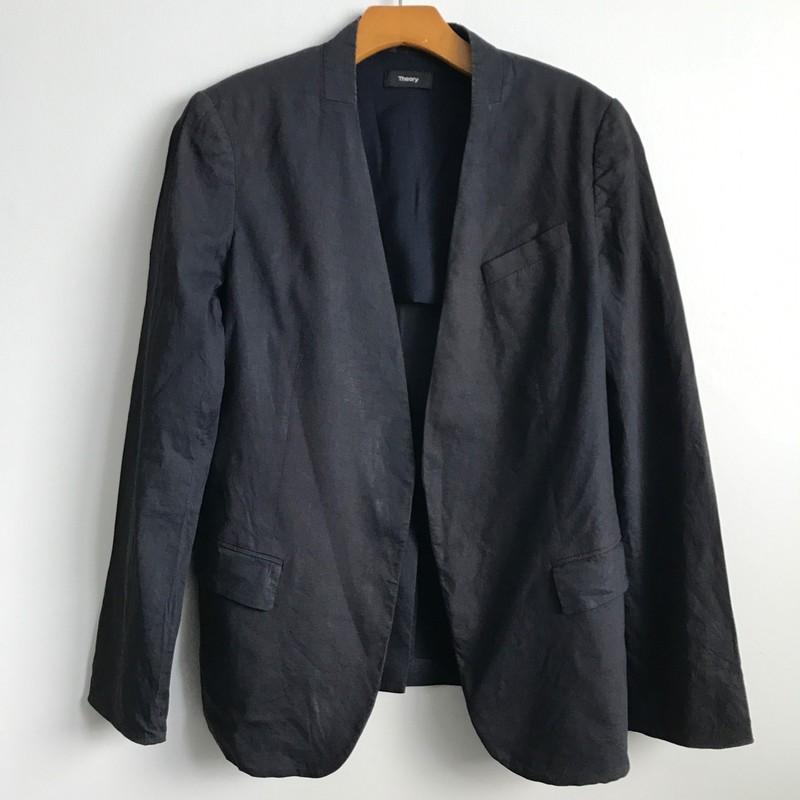 Theory Jacket Womens 10 Linen Blue Open Front Short Collarless Pockets Beach