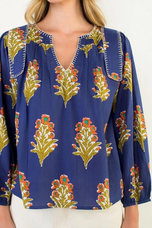 THML Navy Long Sleeve V-Neck Mixed Floral With Stitch Detail Top